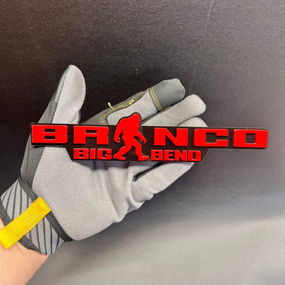 Bronco Sasquatch Big Bend car badge emblem in red and black