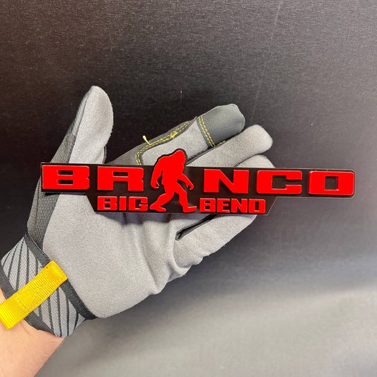 Bronco Sasquatch Big Bend car badge emblem in red and black