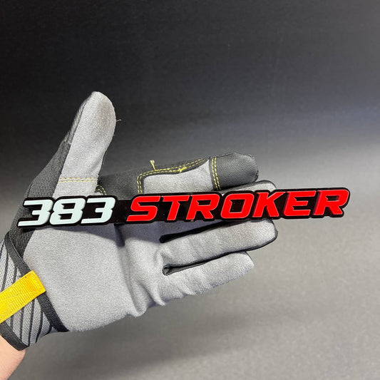 Custom 383 STROKER car badge in red and black for muscle car fender or grille installation.