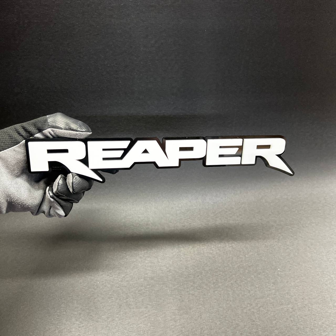 Reaper performance style acrylic badge for tailgate hood or fender mounting