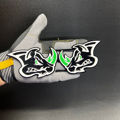 Custom Rhyno animal acrylic emblem designed for offroad truck, SUV, tailgate, grille, and fender styling.