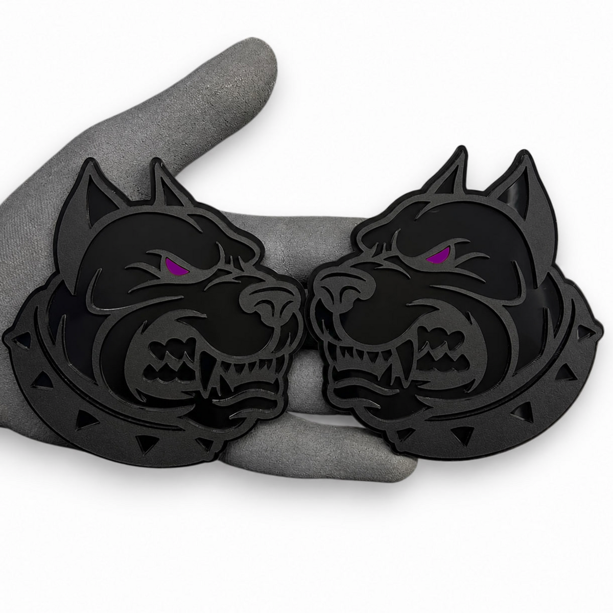 Black pitbull car badge with red eye detail designed for vehicle fender tailgate or exterior styling