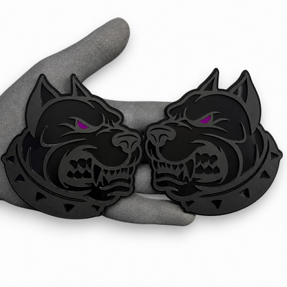 Black pitbull car badge with red eye detail designed for vehicle fender tailgate or exterior styling