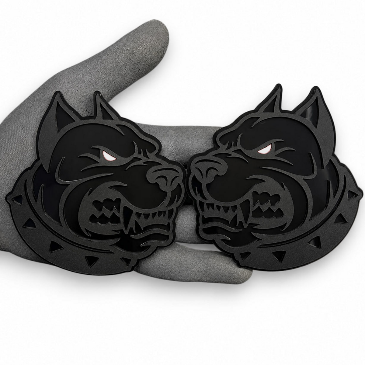 Pitbull dog head automotive badge in black with red eyes for custom car and truck decoration