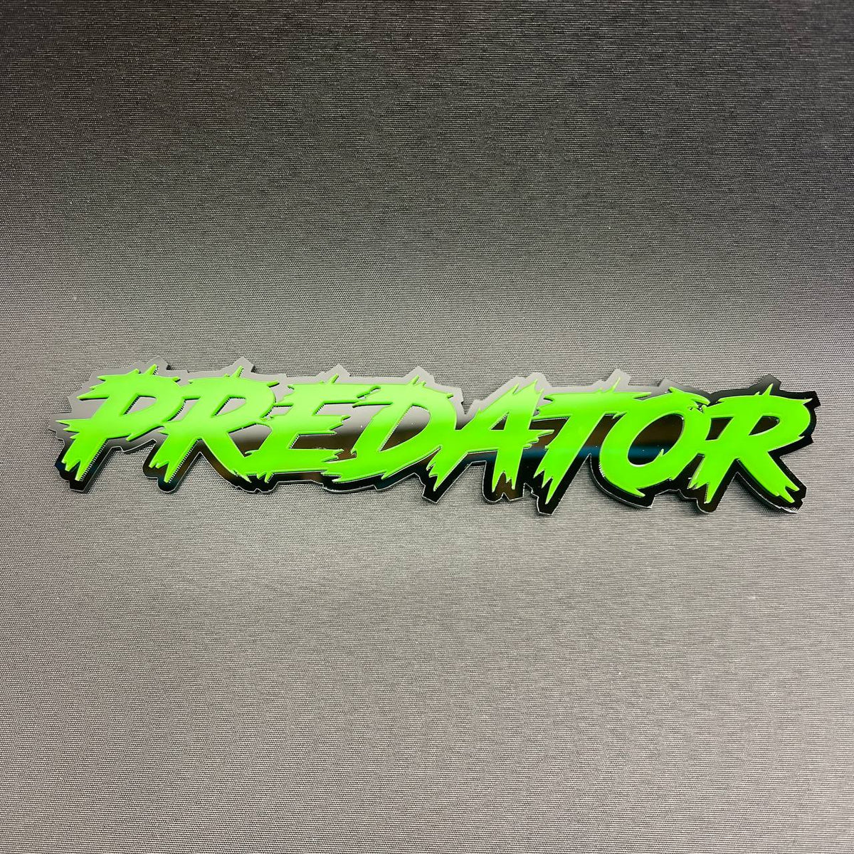 Predator text emblem car badge for truck SUV or custom vehicle fender with green and black layered design