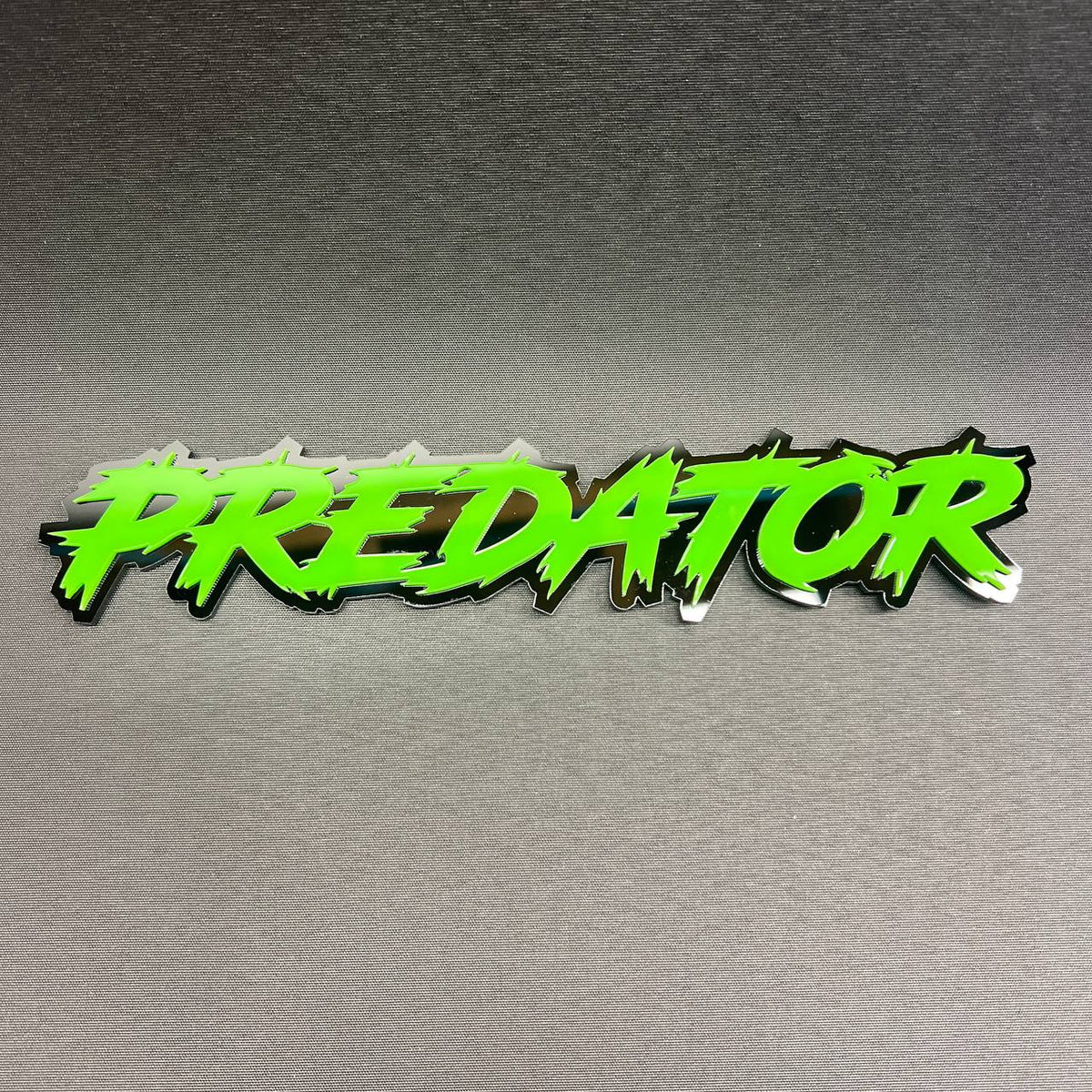 Predator text car badge fender emblem in neon green with black background for custom vehicle exterior styling