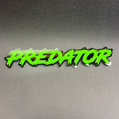 Predator text car badge fender emblem in neon green with black background for custom vehicle exterior styling