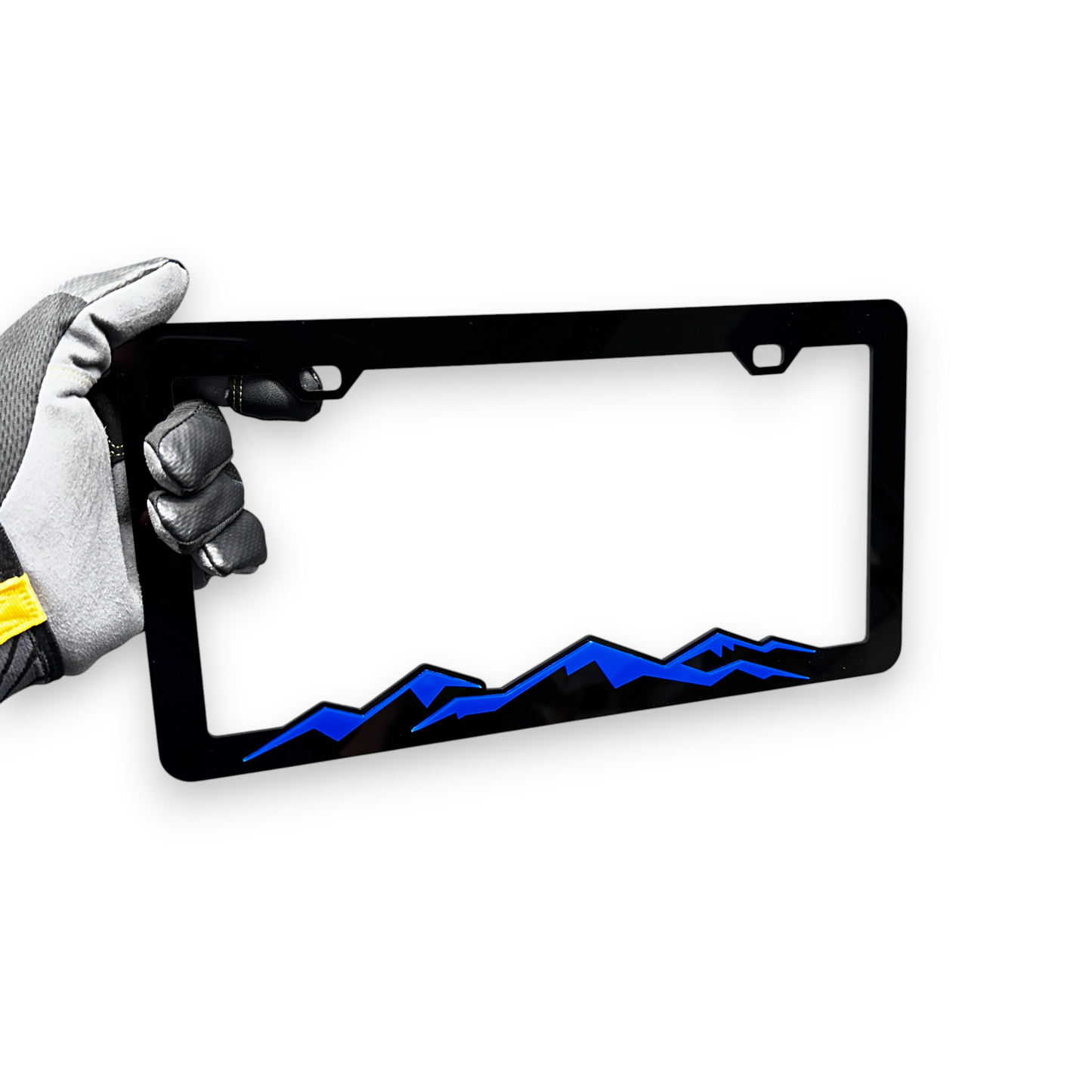 Rugged mountain landscape license plate frame for offroad and camping enthusiasts