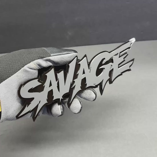 Savage text badge automotive emblem with layered acrylic design for RAM 1500