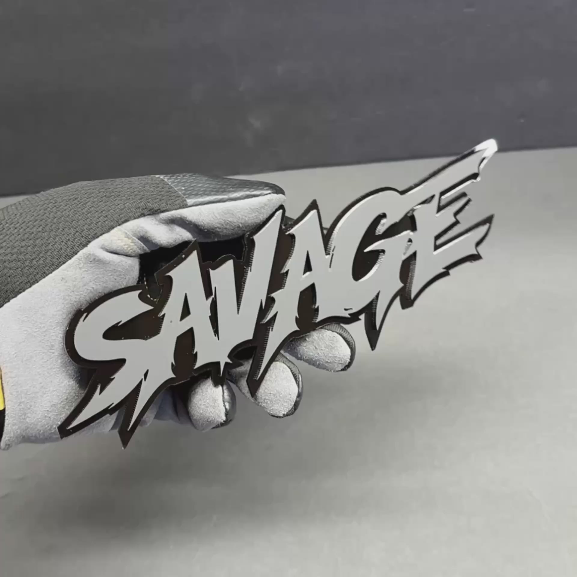 Savage text badge automotive emblem with layered acrylic design for RAM 1500