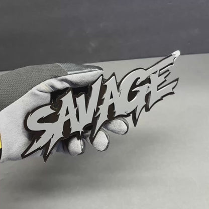 Savage text badge automotive emblem with layered acrylic design for RAM 1500
