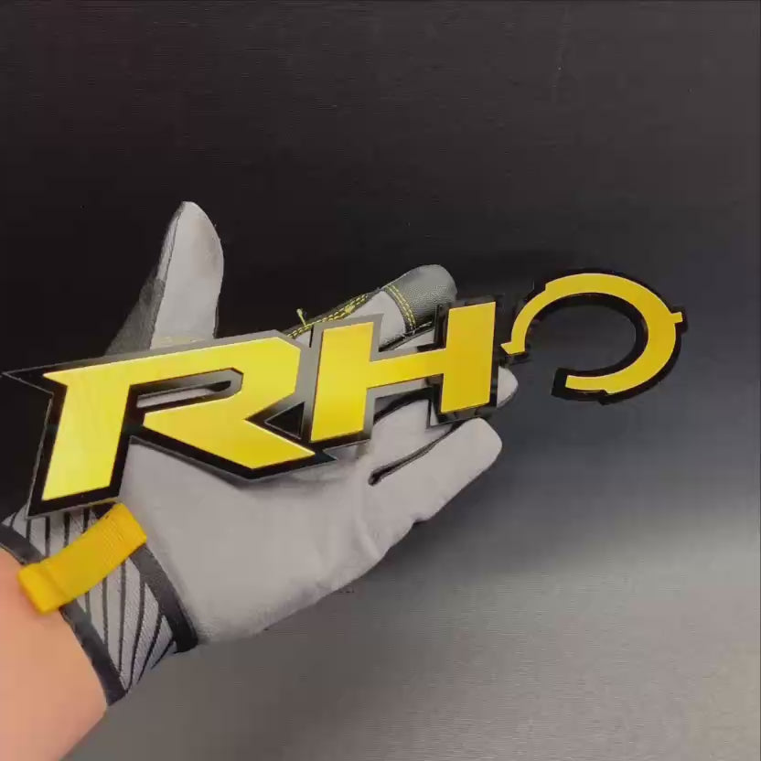 Cyber Rhino automotive emblem with bold custom exterior badge design