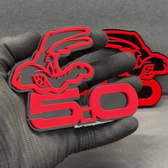 Coyote 5.0 acrylic car emblems with multicolor top layers – 360° product showcase