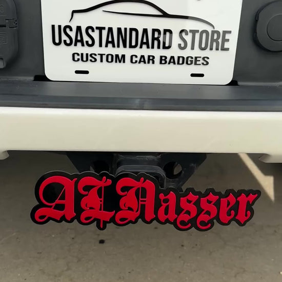 Personalized text truck hitch cover emblem with custom name design
