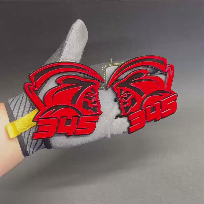 Red and black 345 Reaper fender badge for car exterior