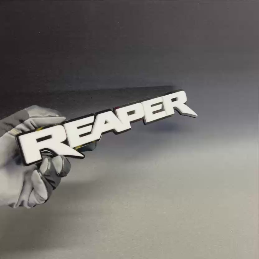 Gloss black and white acrylic Reaper emblem for automotive customization