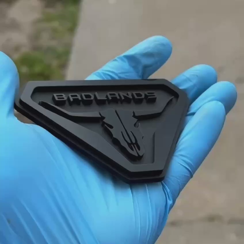 Custom 3D acrylic Bronco Badlands skull emblem badge – adhesive exterior fender, tailgate, hood and door accessory, shown in multiple colors