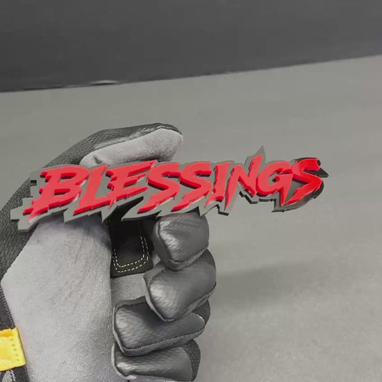 Durable acrylic Blessings auto badge with glossy red finish and black backing