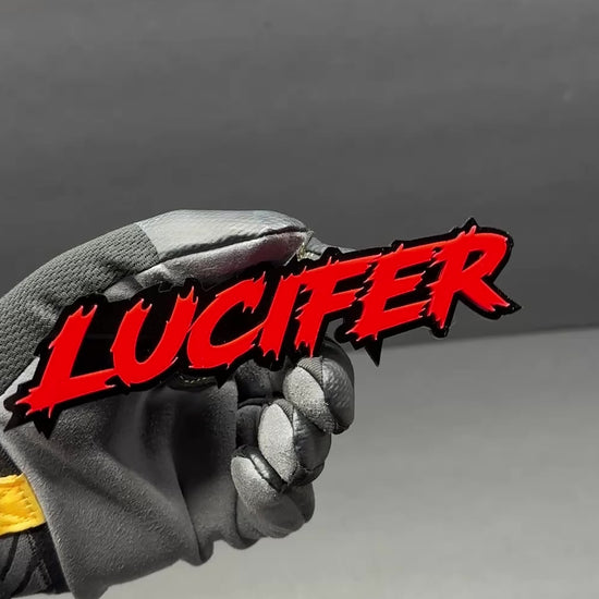 Lucifer text emblem black and red layered acrylic badge for side fender installation