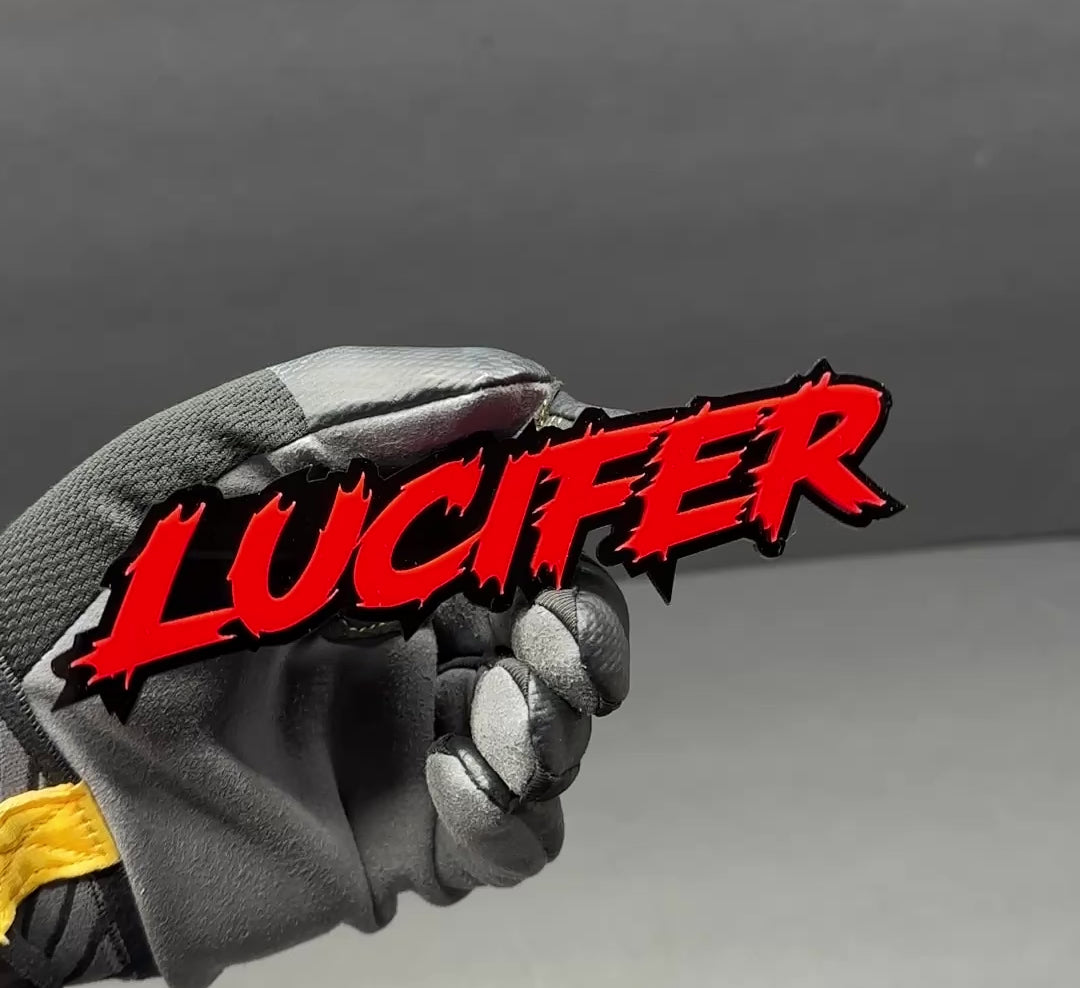 Lucifer text emblem black and red layered acrylic badge for side fender installation