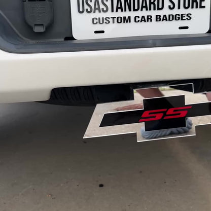 Chevrolet SS Bowtie hitch cover mounted on a rear truck receiver