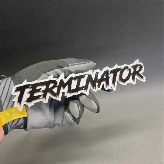 Personalized TERMINATOR acrylic emblem with layered black finish for modern truck and SUV appearance
