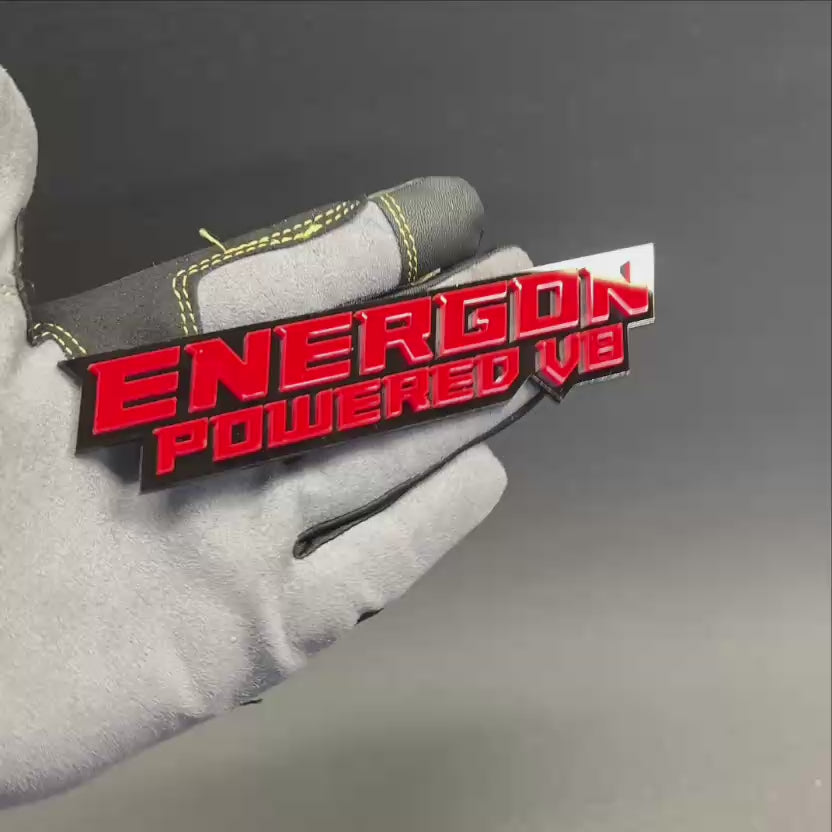 ENERGON Powered V8 acrylic badge decal for muscle, performance, and custom builds.