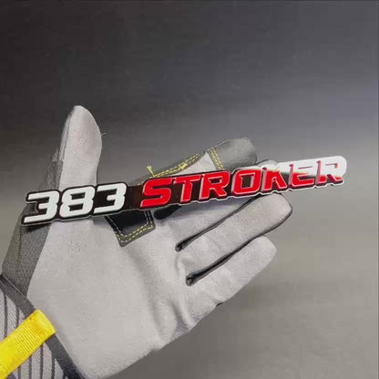 Gloss black and red 383 STROKER engine emblem with automotive-grade finish and 3M adhesive.