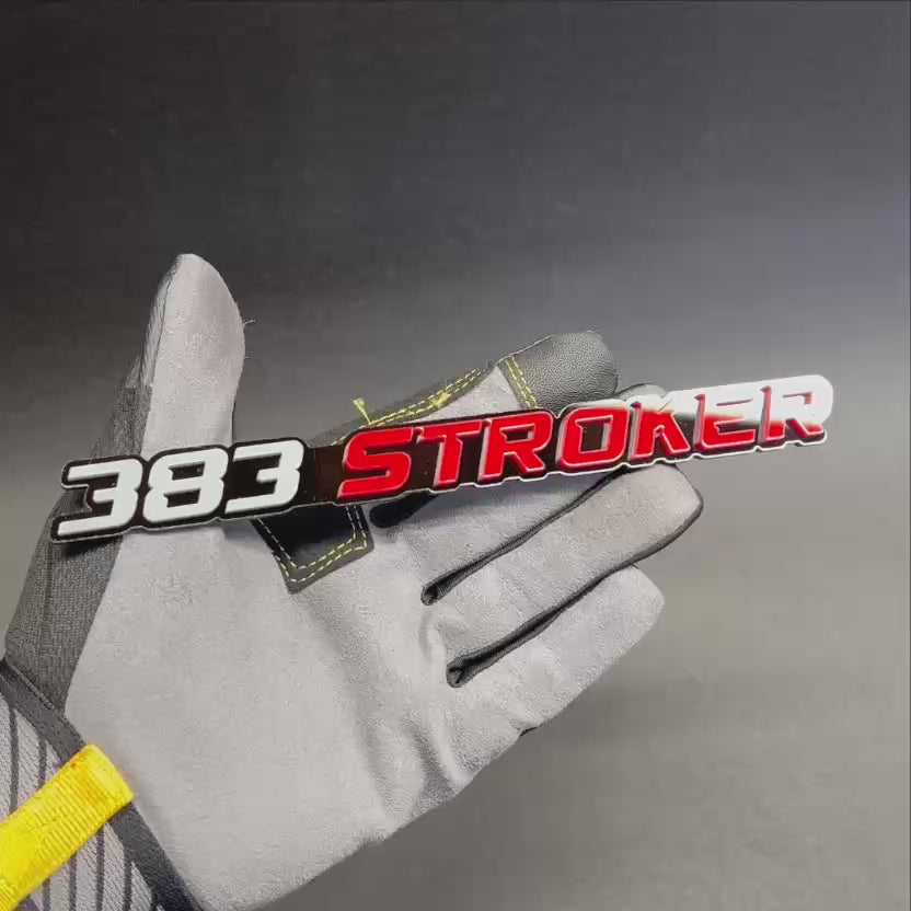 Gloss black and red 383 STROKER engine emblem with automotive-grade finish and 3M adhesive.