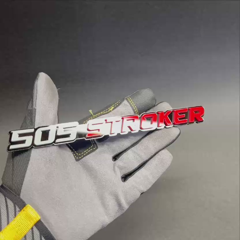 3D printed 505 STROKER automotive emblem for custom truck and performance vehicle exterior.