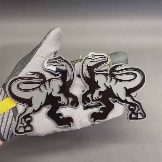 Velociraptor car emblem fender badge with detailed dinosaur design