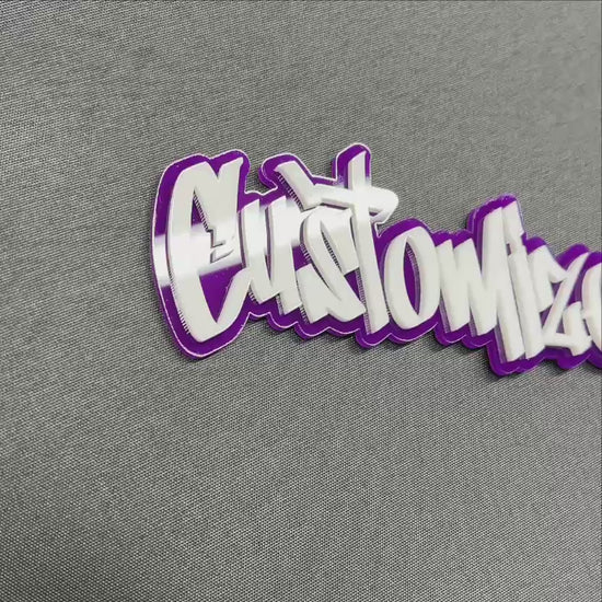 Personalized auto badge with graffiti lettering and 3M adhesive backing