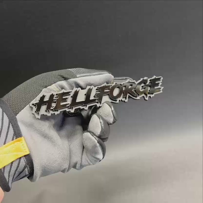 HELL FORGE custom acrylic text badge emblem for truck tailgate hood grille and muscle car styling with layered automotive adhesive design