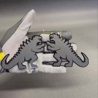 Godzilla inspired black acrylic car emblem with detailed dinosaur silhouette for cars, trucks, and SUVs.