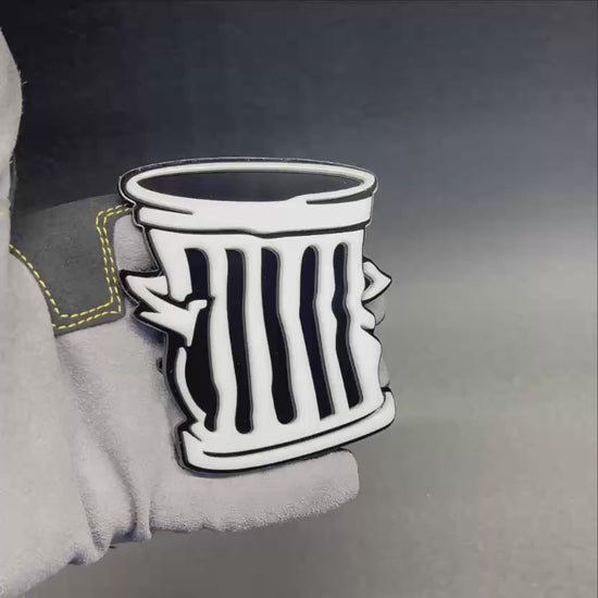 Funny garbage can auto badge with 3D layered black and white design