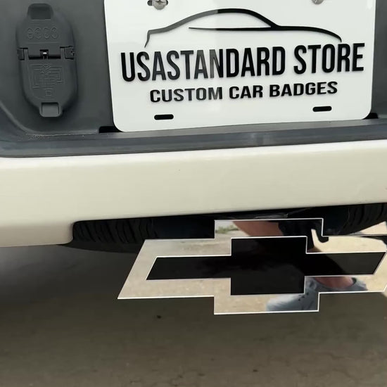 Chevrolet Bowtie hitch cover with mirror silver outer shape and black center