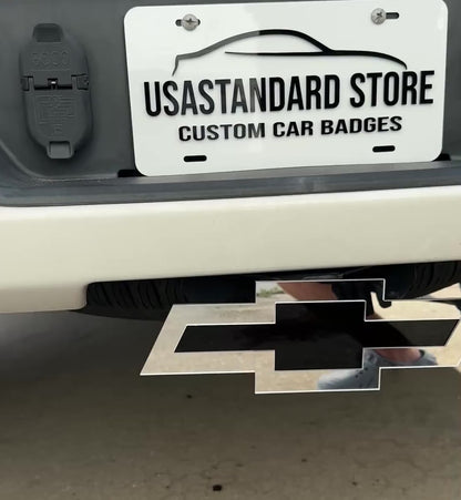 Chevrolet Bowtie hitch cover with mirror silver outer shape and black center