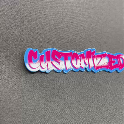 Customized graffiti style name badge with bright two tone colors