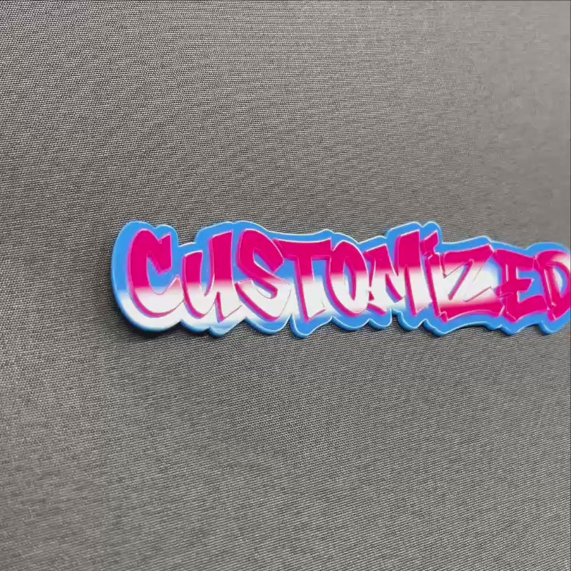 Customized graffiti style name badge with bright two tone colors