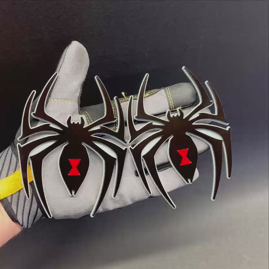 Pair of Black Widow spider fender badges designed for custom vehicle exterior styling