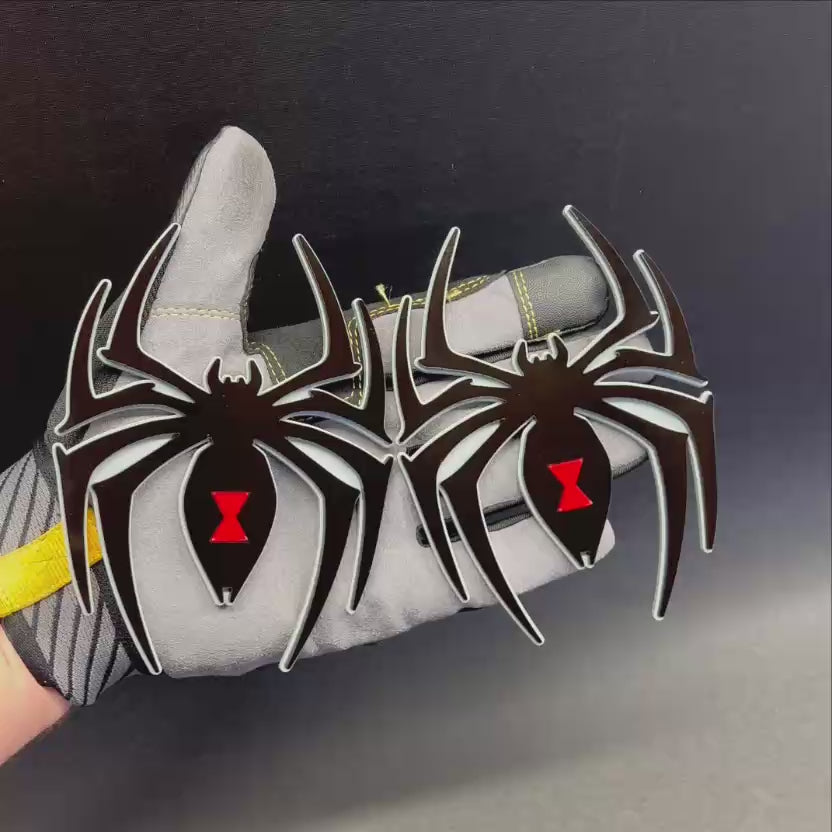Pair of Black Widow spider fender badges designed for custom vehicle exterior styling