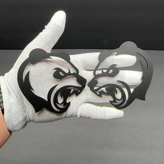 Custom Angry Panda hood and fender badge pair for vehicle personalization