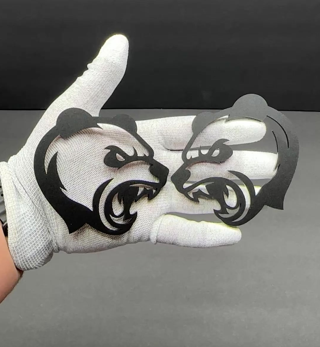 Custom Angry Panda hood and fender badge pair for vehicle personalization
