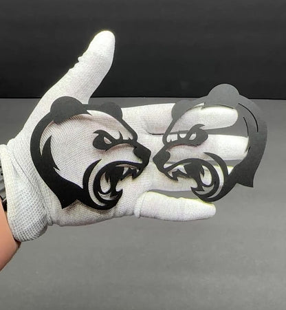 Custom Angry Panda hood and fender badge pair for vehicle personalization