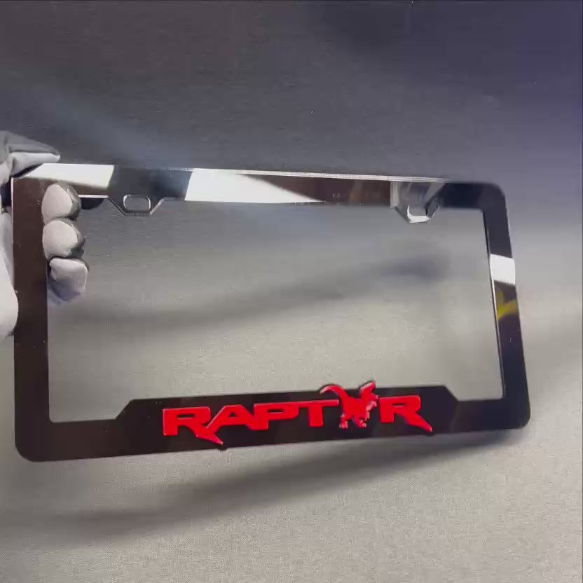 Black and red Raptor license plate frame for car truck or SUV exterior