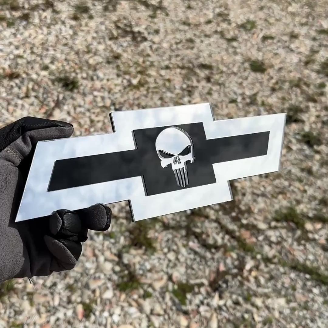 Chevy Bowtie Punisher Skull car badge in silver and black finish