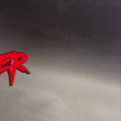 MESS MAKER aggressive style car badge with red letters and black backing
