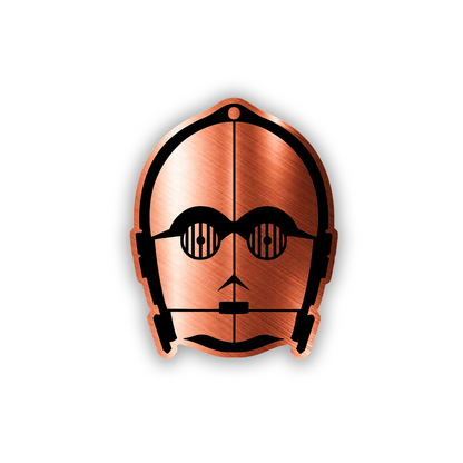 Detailed C3PO robot head engraved vehicle emblem in silver and black