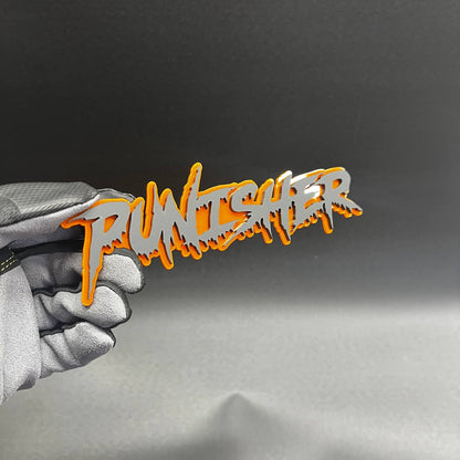 Handmade Punisher text emblem with bold jagged letters and automotive adhesive backing