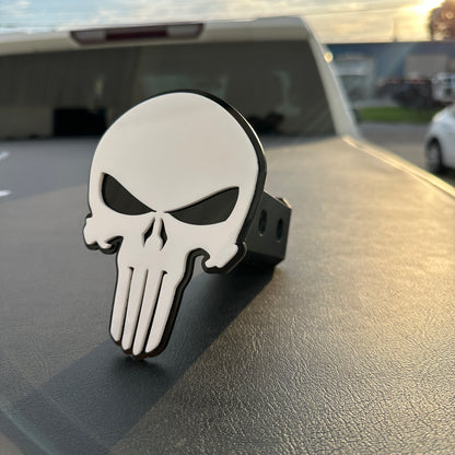 White and black Punisher skull automotive badge with clean outlined design